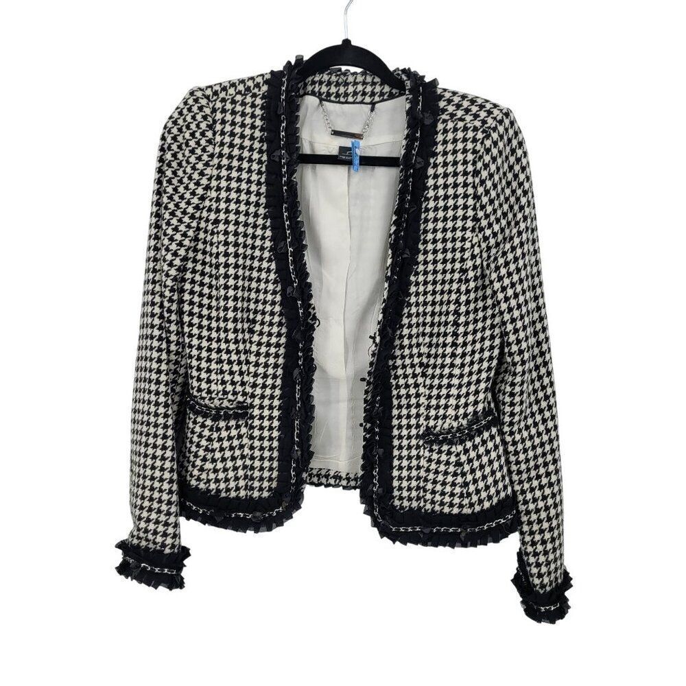 WHBM  Womens Wool Blend Houndstooth Blazer Sz 2‎ Ruffle Chain Fringe Trim Black